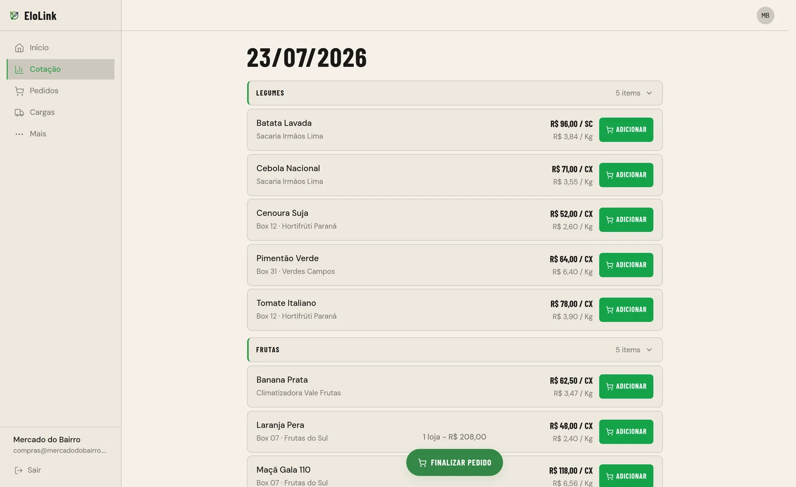 Tela do sistema EloLink no computador: cotação do dia com produtos, preços por caixa e por quilo, e pedido sendo montado