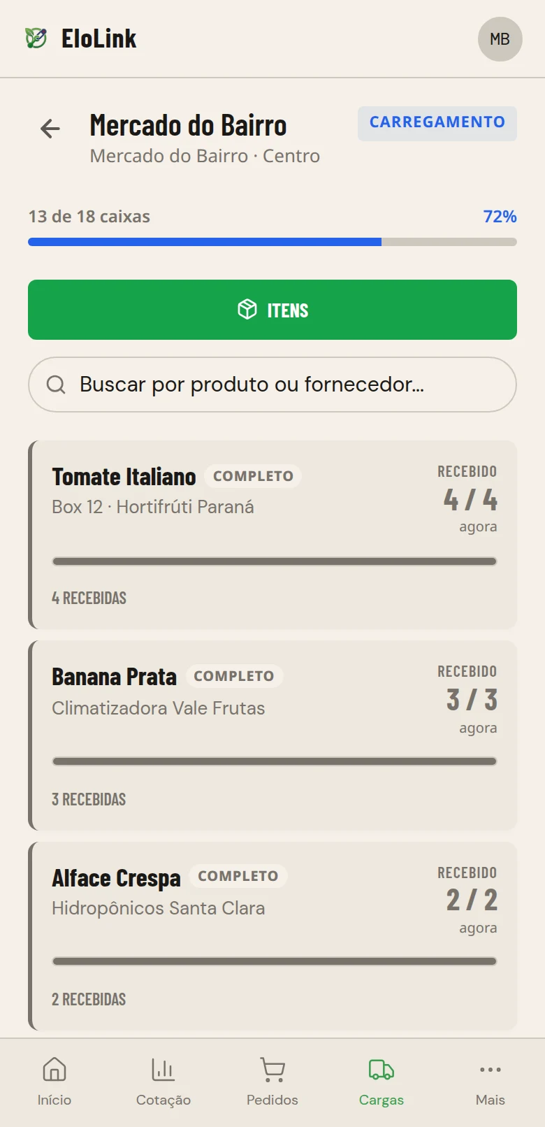 Tela do sistema EloLink no celular: acompanhamento do carregamento com progresso de caixas conferidas